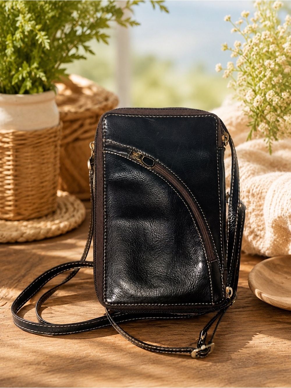 Derek Alexander Crossbody Handbag Dk Brown Leather Top Zip Organizer